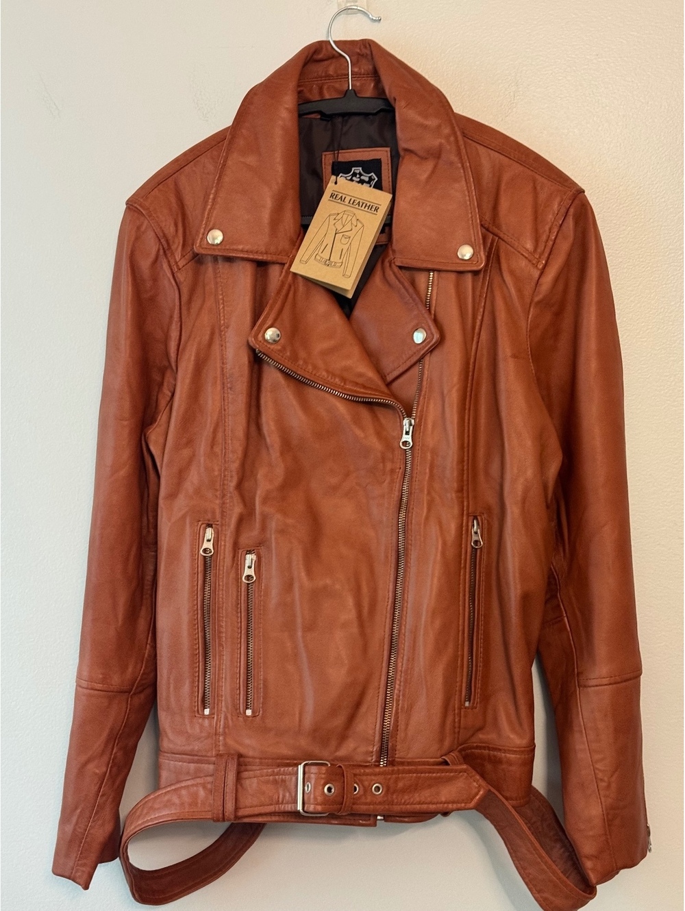 Women’s Real Leather Brown Biker Jacket with Belt